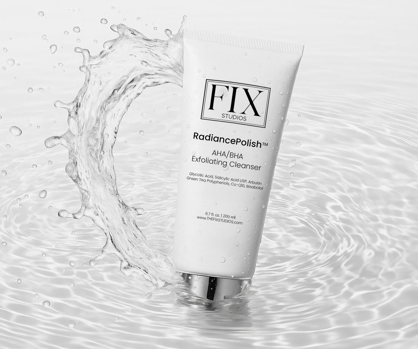 A bottle of Fix Studios RadiancePolish Medical-Grade AHA/BHA Exfoliating Cleanser Splashes into water