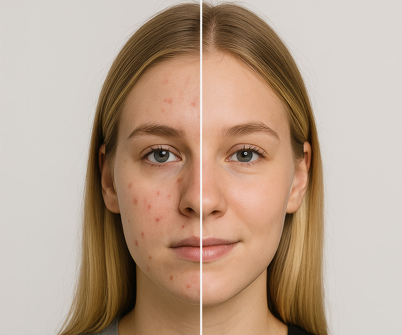 Before and after photo of a teenage girl that used Fix Studios medical-grade ClarifyRx™ Pore Refining + Breakout Defense Serum to stop acne breakouts