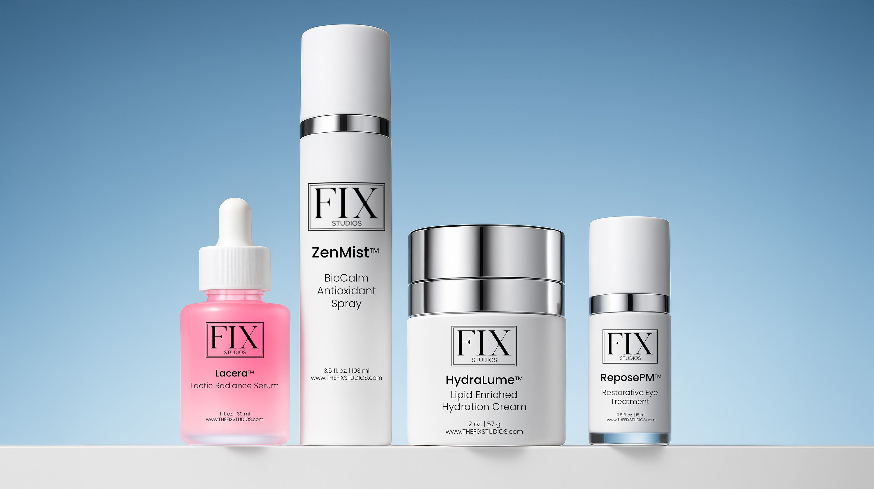 A line of Fix Studios medical-grade skincare products on a blue background.