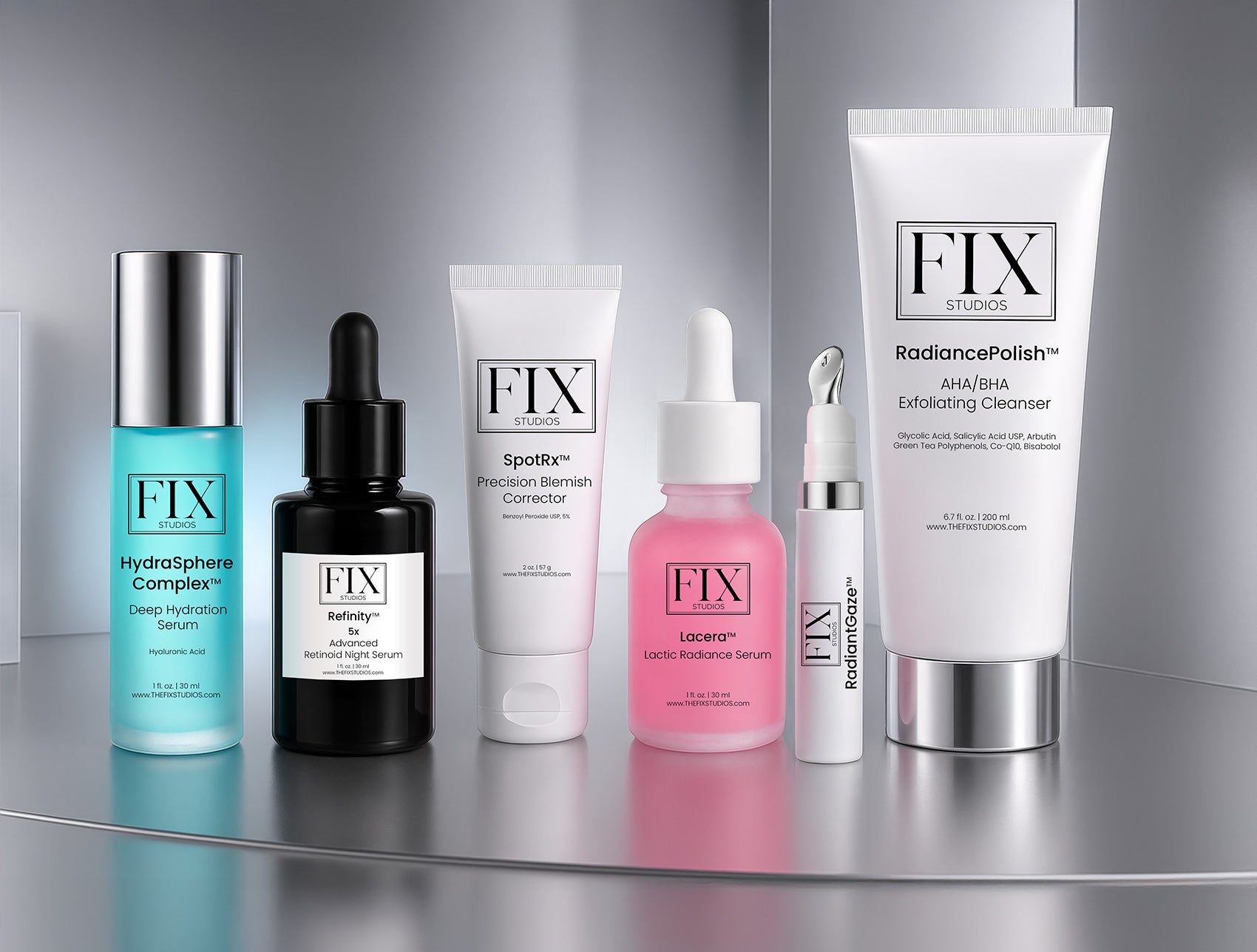 Multiple Fix Studios medical grade skincare products on a silver background