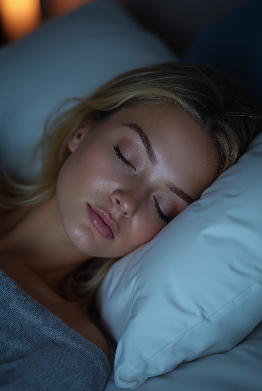 A beautiful woman sleeps on a soft pillow after using her Fix Studios medical-grade skincare Night Repair Ritual Bundle