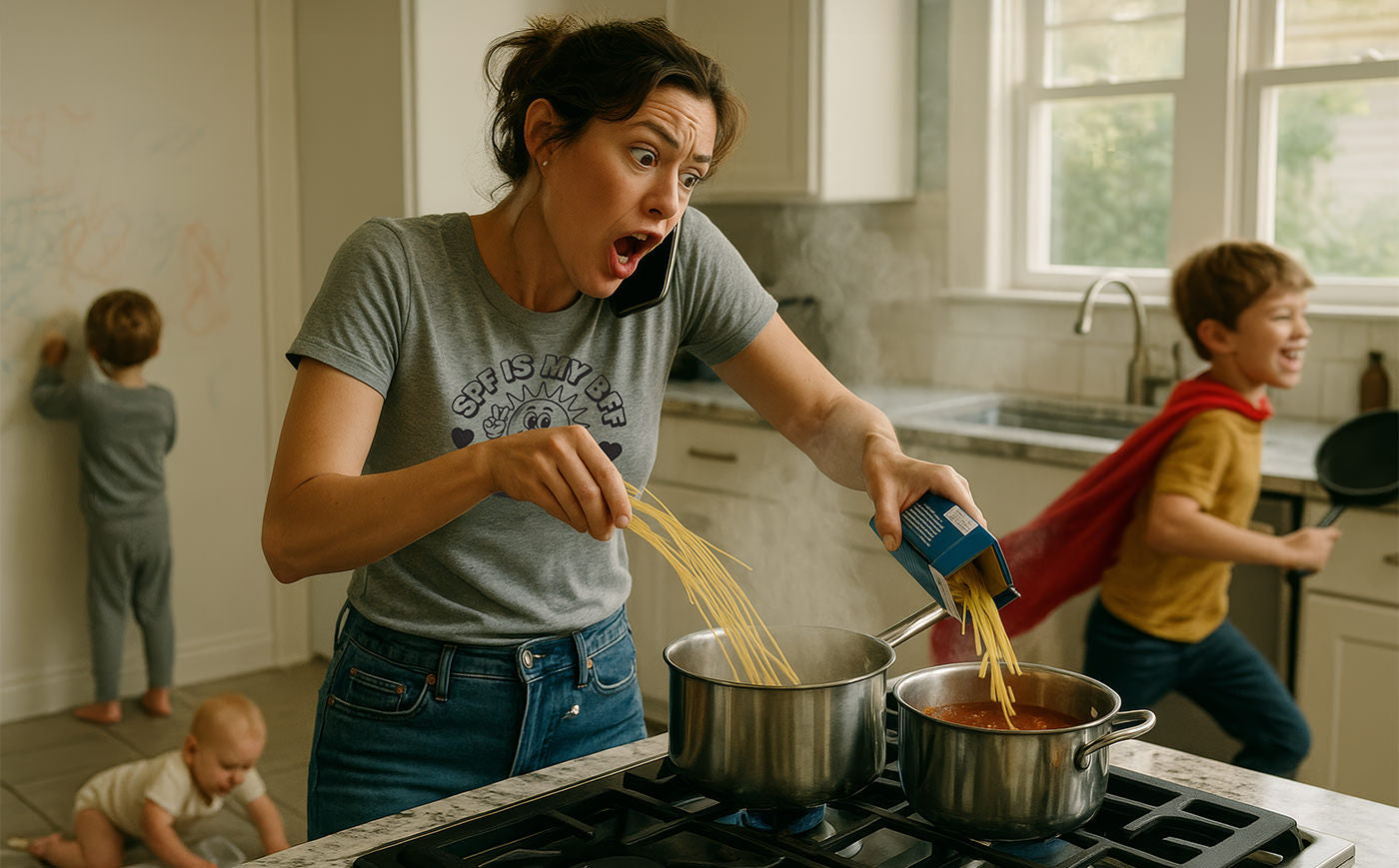 A busy mother wearing a Fix Studios T-Shirt cooks dinner with chaos in the background