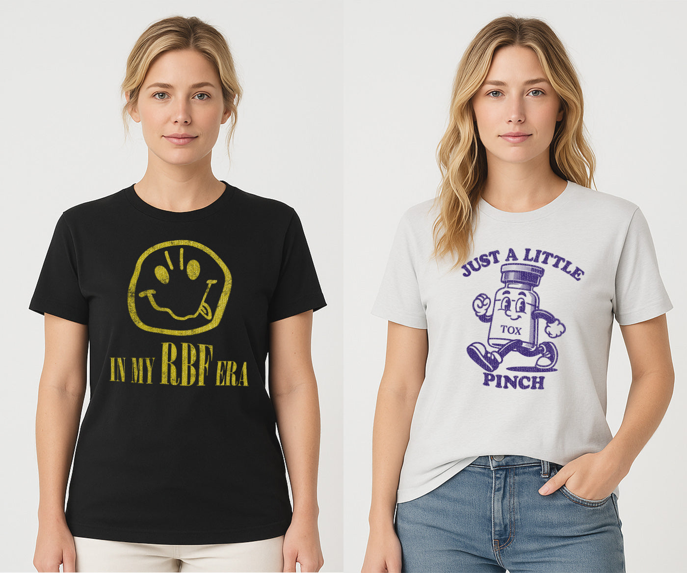 A woman poses with Fix Studios In My RBF Era and Just a Little Pinch Botox T-shirts