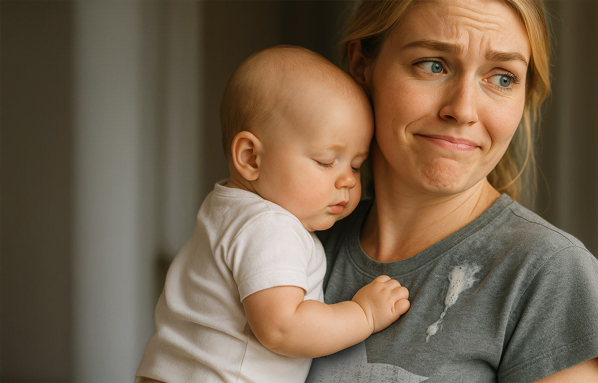 A woman in fix studios t-shirt holding her baby with spitup on her shoulder