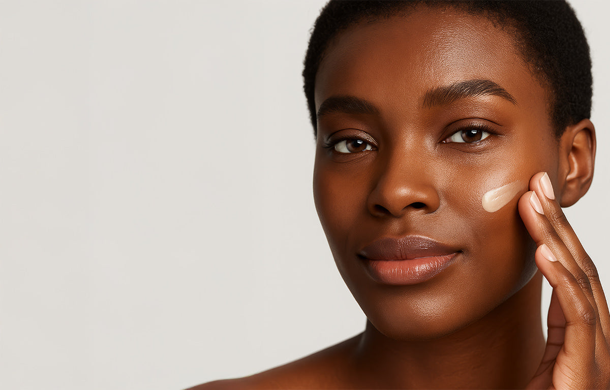 A beautiful woman applies Fix Studios medical-grade Glissen™ Sheer Mineral Radiance SPF 50 to her cheek without chalky residue.