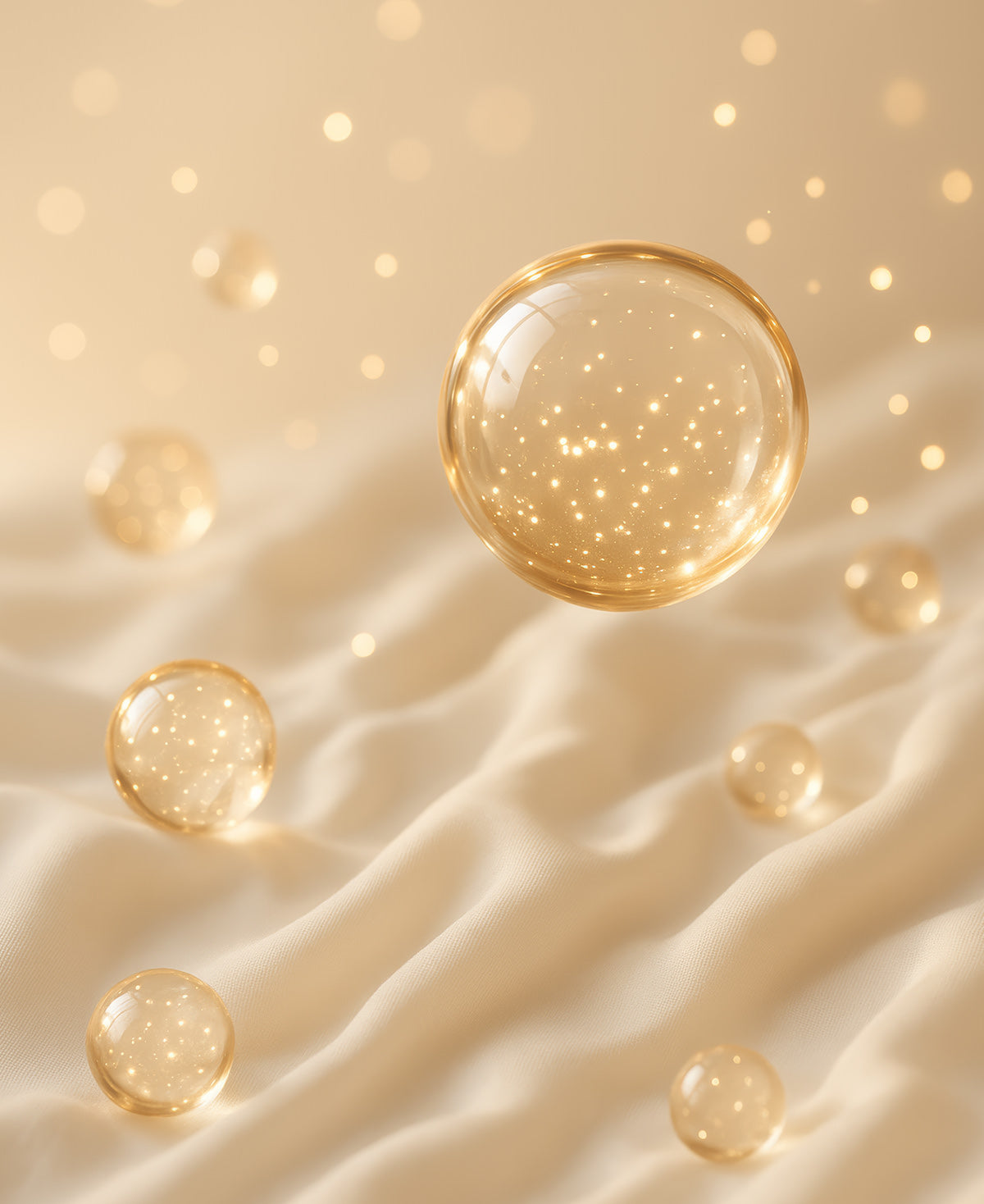 Sparkly orbs bounce of a silky material represent the protection from the sun in Fix Studios medical-grade Glissen™ Sheer Mineral Radiance SPF 50