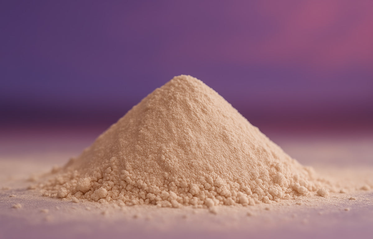Mineral powder on a purple background used in Fix Studios medical-grade GlowLuxe™ Tinted SPF 50