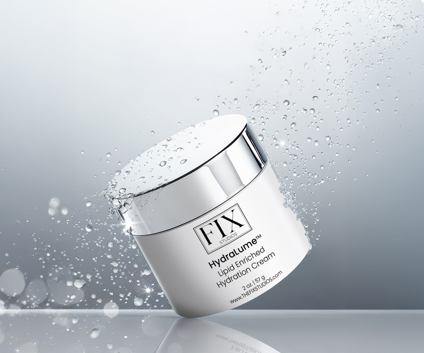A jar of Fix Studios medicalgrade HydraLume™ Lipid Enriched Hydration Cream balances itself as bubbles surround it, representing the moisture it provides to your skin.