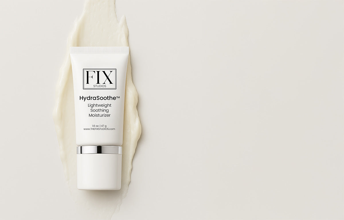 A bottle of Fix Studios medical-grade HydraSoothe™ Lightweight Soothing Moisturizer rests on a clean background on top of the moisturizer contained in the bottle