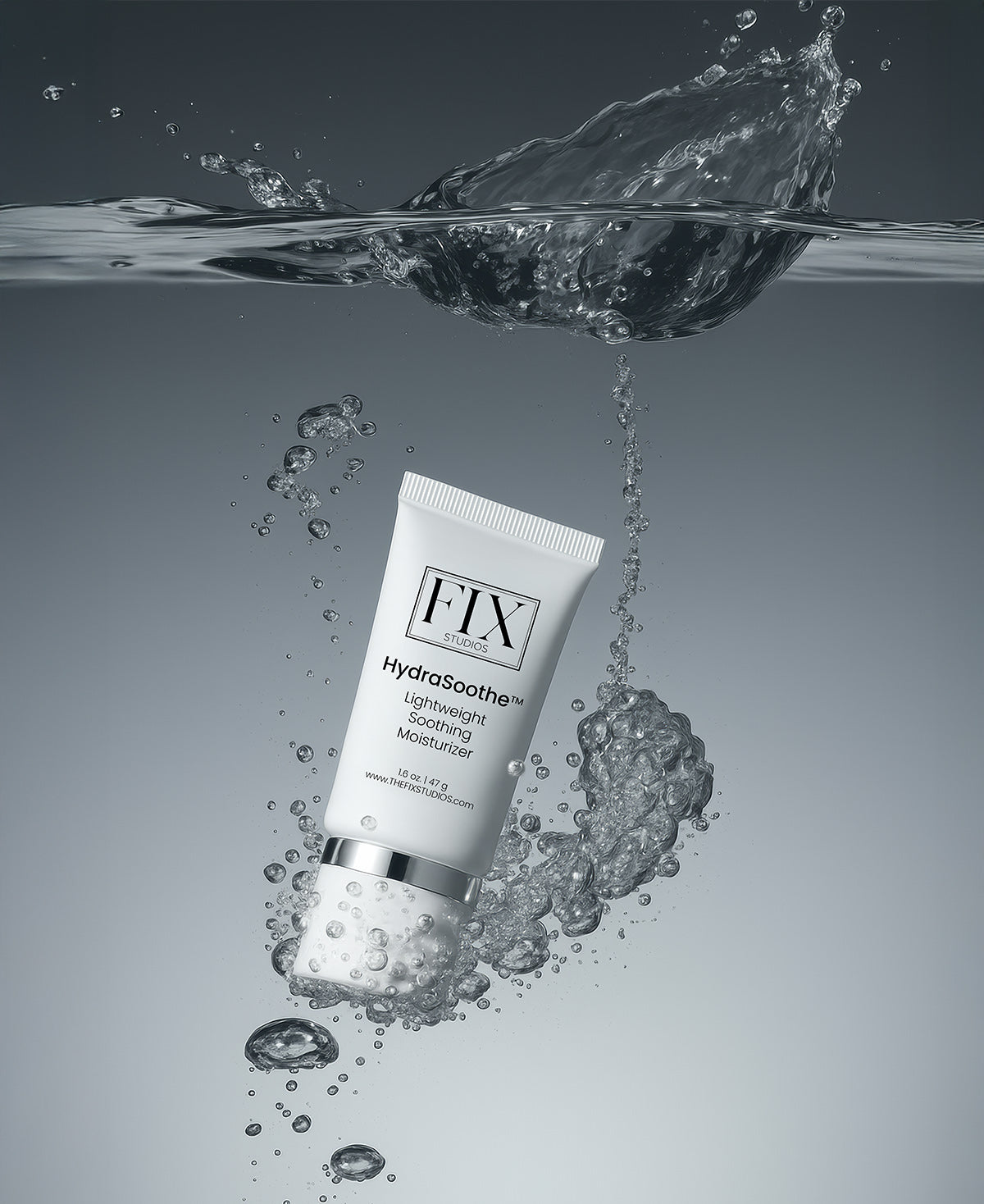 A bottle of Fix Studios medical-grade HydraSoothe™ Lightweight Soothing Moisturizer photographed splashing underwater to highlight its hydrating properties