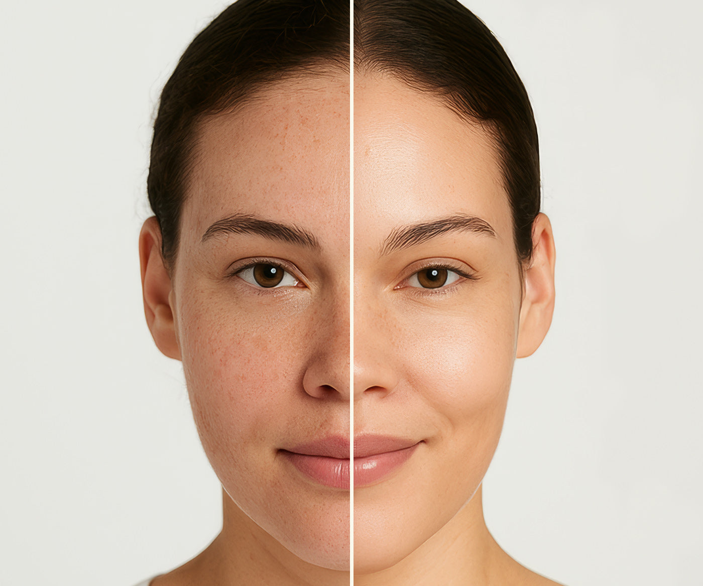 A before and after photo of a woman who used Fix Studios medical-grade Lacera™ Lactic Radiance Serum for 7 weeks, fading redness, sun damage, and pore size. Visibly tightening and smoothing her skin.