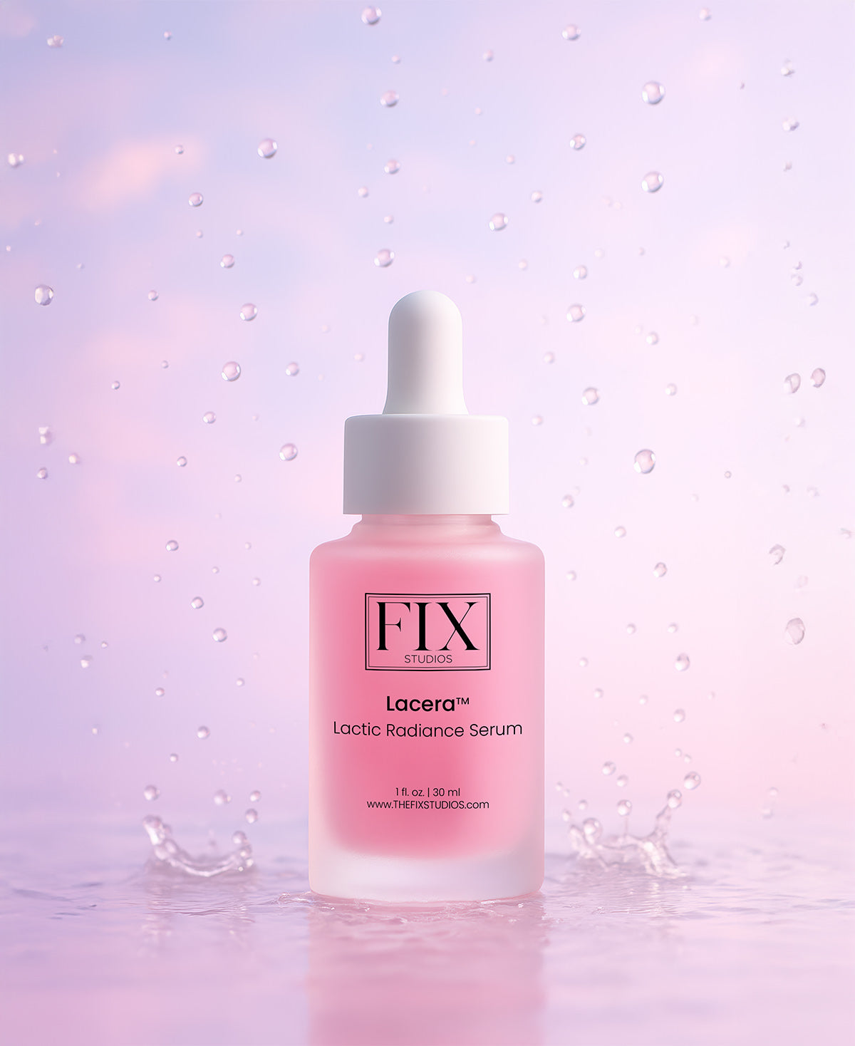 A bottle of Fix Studios medical-grade Lacera™ Lactic Radiance Serum on a serene background of purple and pink hues with water droplets falling from above representing its hydrating properties