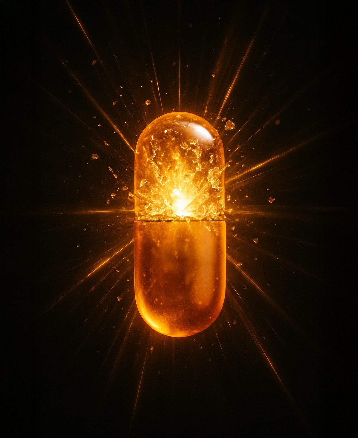 A vitamin C capsule explodes with light rays and used in Fix Studios medical-grade LustraCe CE+CTP Antioxidant Radiance Serum packed with 20% vitamin C