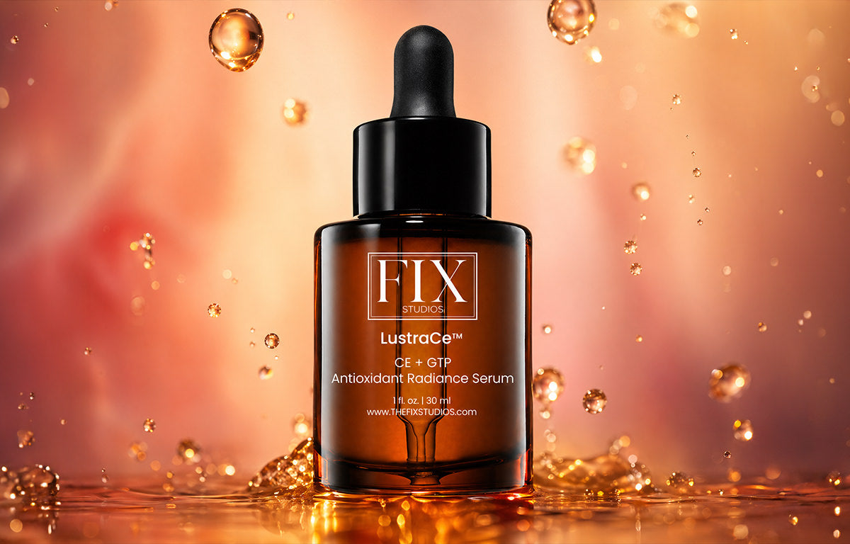 A bottle of Fix Studios medical-grade LustraCe CE+CTP Antioxidant Radiance Serum packed with 20% vitamin C is highlighted with light rays