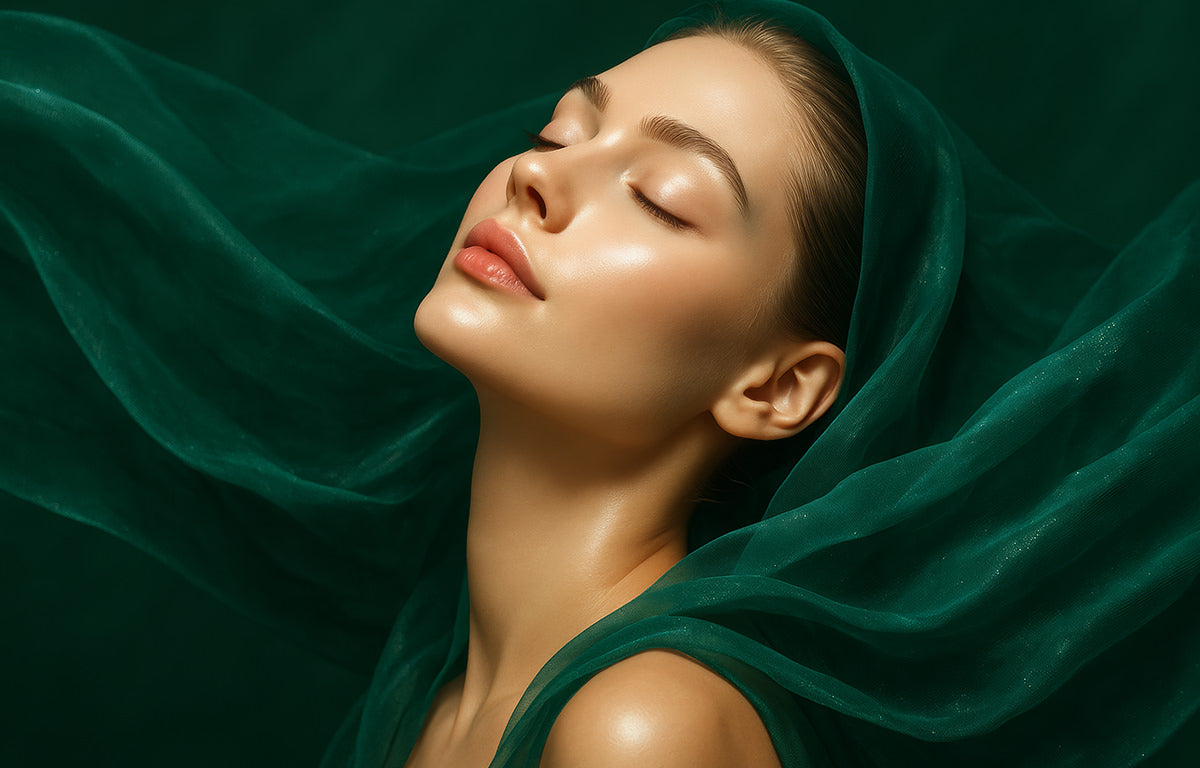 A beautiful woman poses with soft perfect skin and emerald green silk after using Fix Studios medical-grade PhytoRenewal™ Advanced Multi-Correction Serum