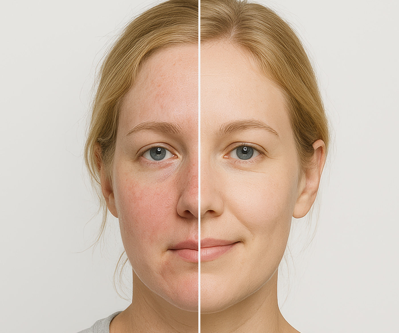 A before and after image of a woman with irritated red skin and then clear skin after using Fix Studios medical-grade PorePerfect™ Dual-Action Detox Cleanser