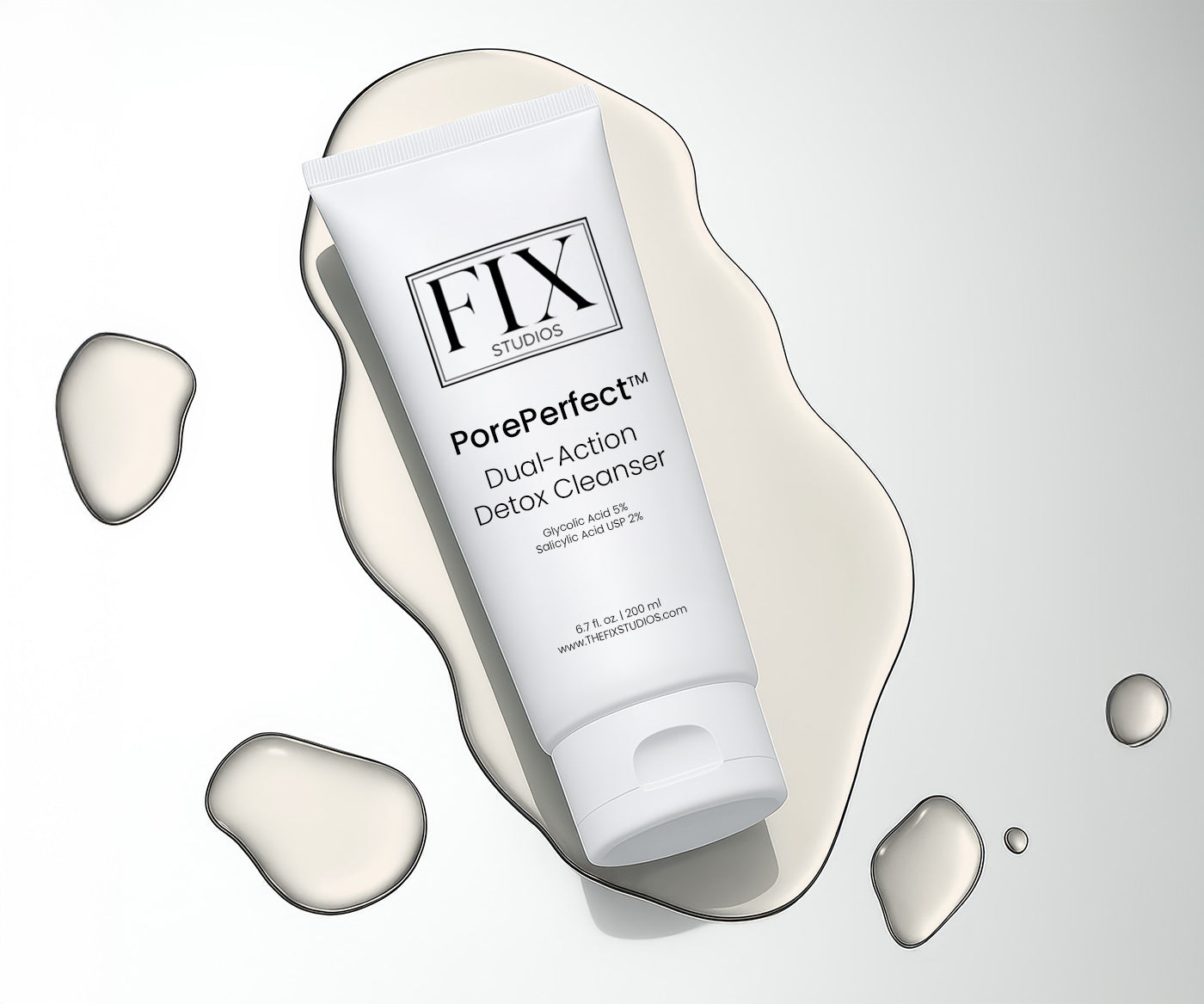 A bottle of Fix Studios medical-grade PorePerfect™ Dual-Action Detox Cleanser rests on a clean background