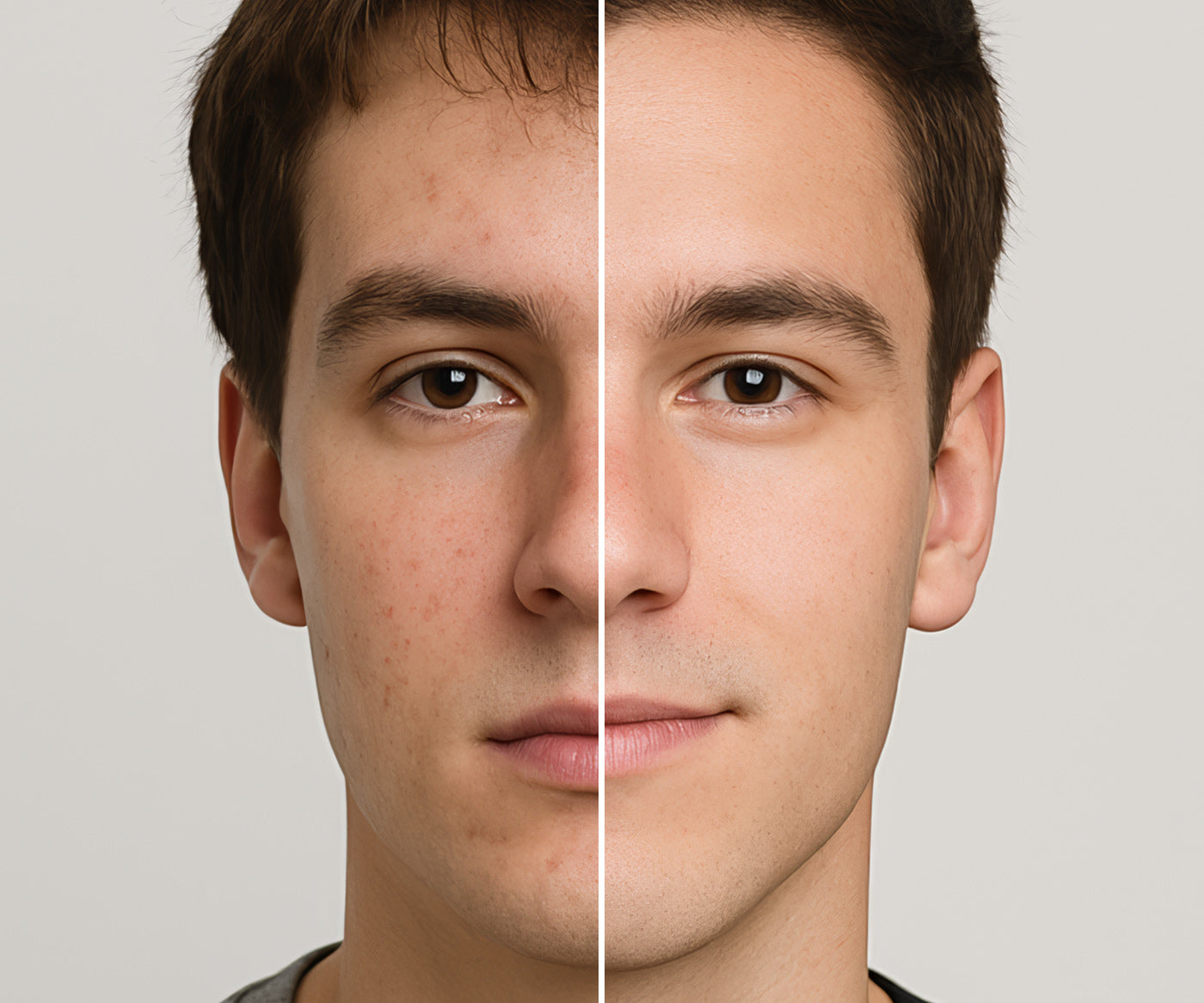 A before and after image of a 20 year-old male that has used Fix Studios PorePerfect™ Refining Cleansing Pads Medical-Grade Acne Product and visible improved his appearance