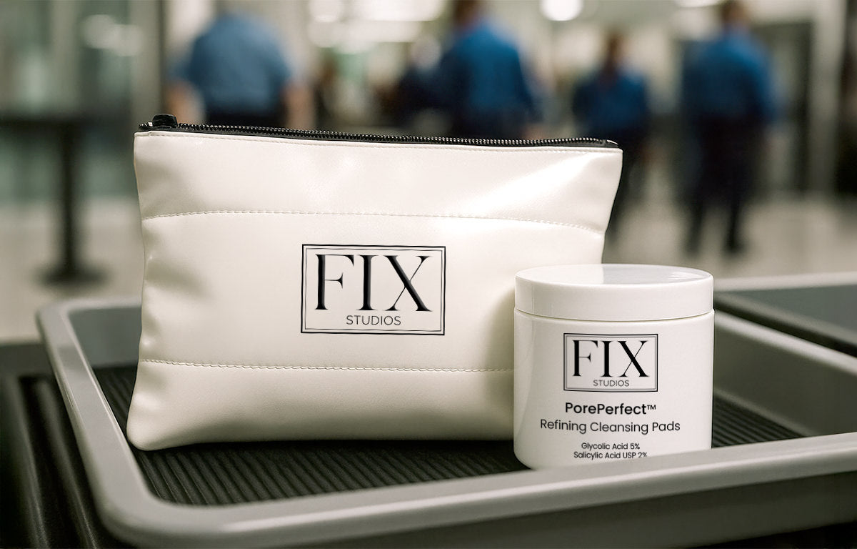 A jar of Fix Studios PorePerfect™ Refining Cleansing Pads Medical-Grade Acne Product and a Fix Studios Cometic Travel bag pass through TSA security at an airport