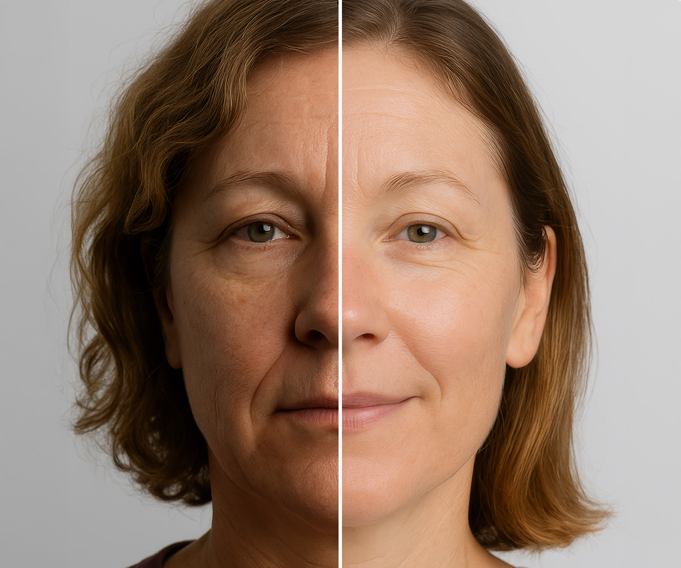 A before and after photo of a woman who used Fix Studios medical-grade Regenera™ Advanced Skin Repair Treatment to smooth and tighten her skin, reducing lines and improving texture.