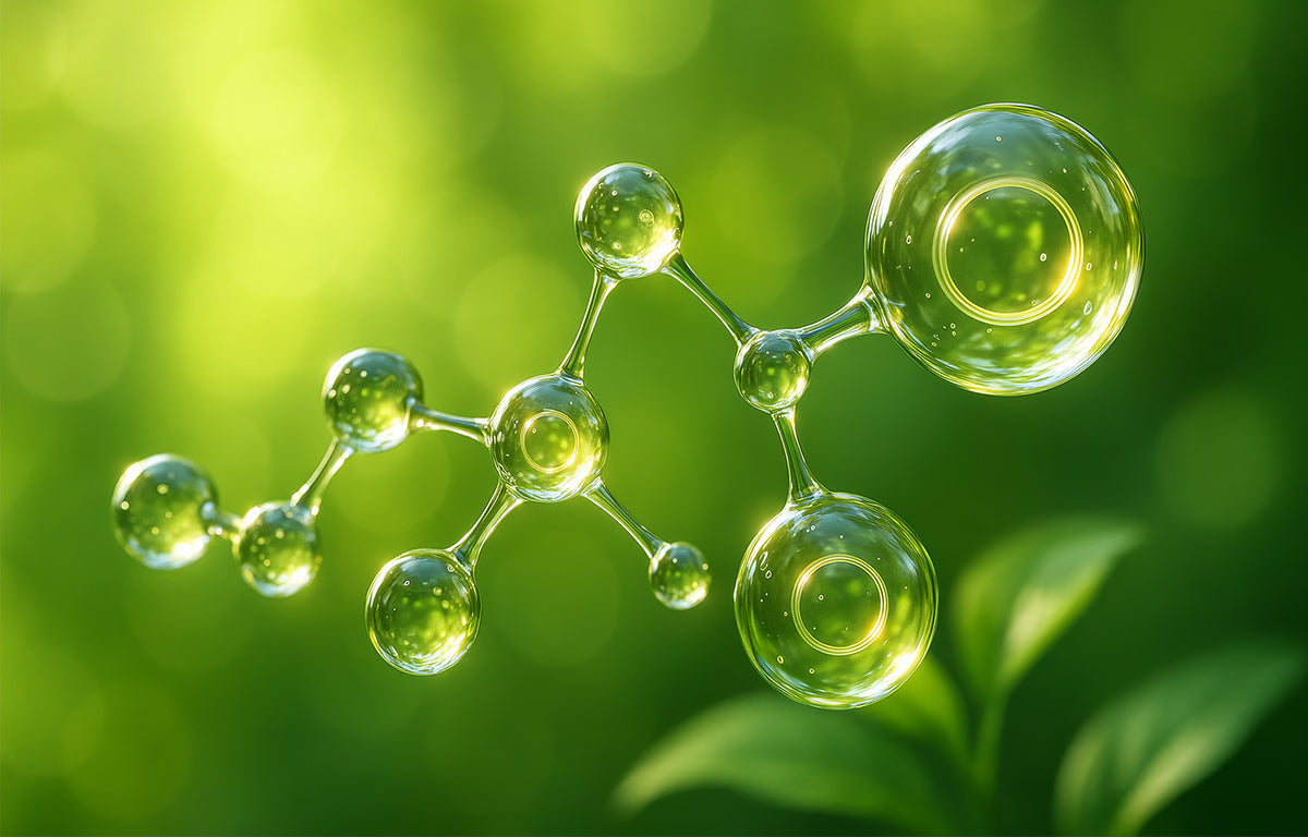 Molecules float over a green organic background for Fix Studios medical-grade Regenera™ Advanced Skin Repair Treatment