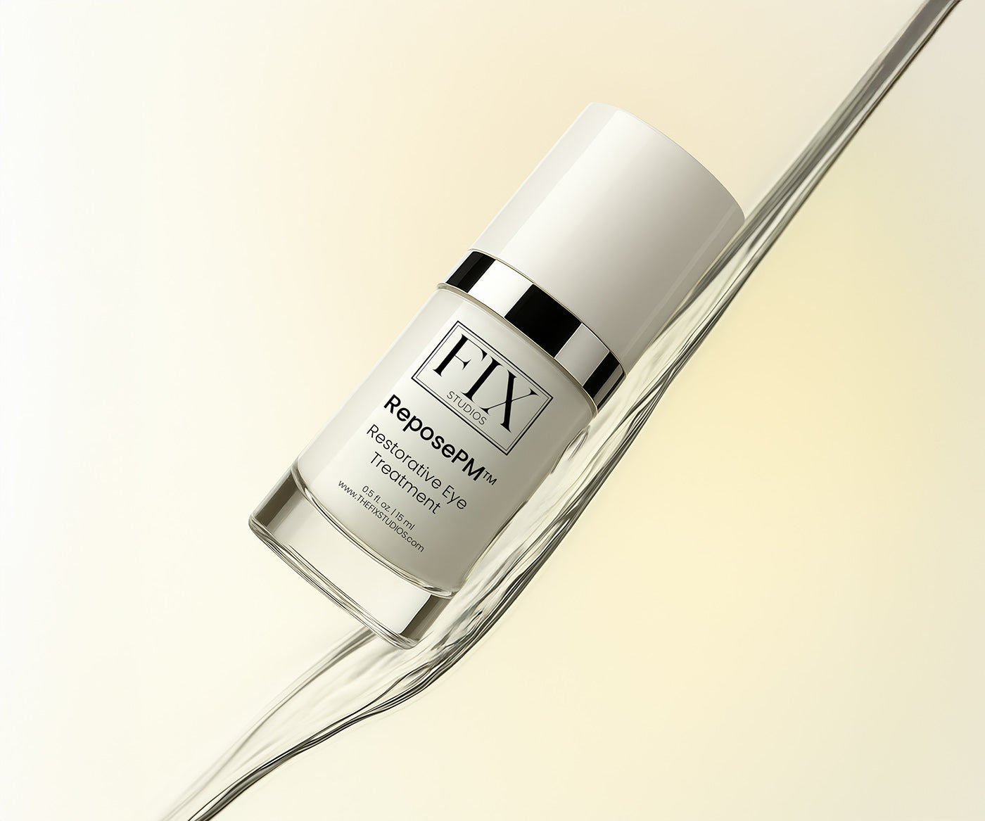 A bottle of Fix Studios Medical-Grade ReposePM™ Restorative Eye Treatment floats on a liquid suspended in air on a clean gradient background