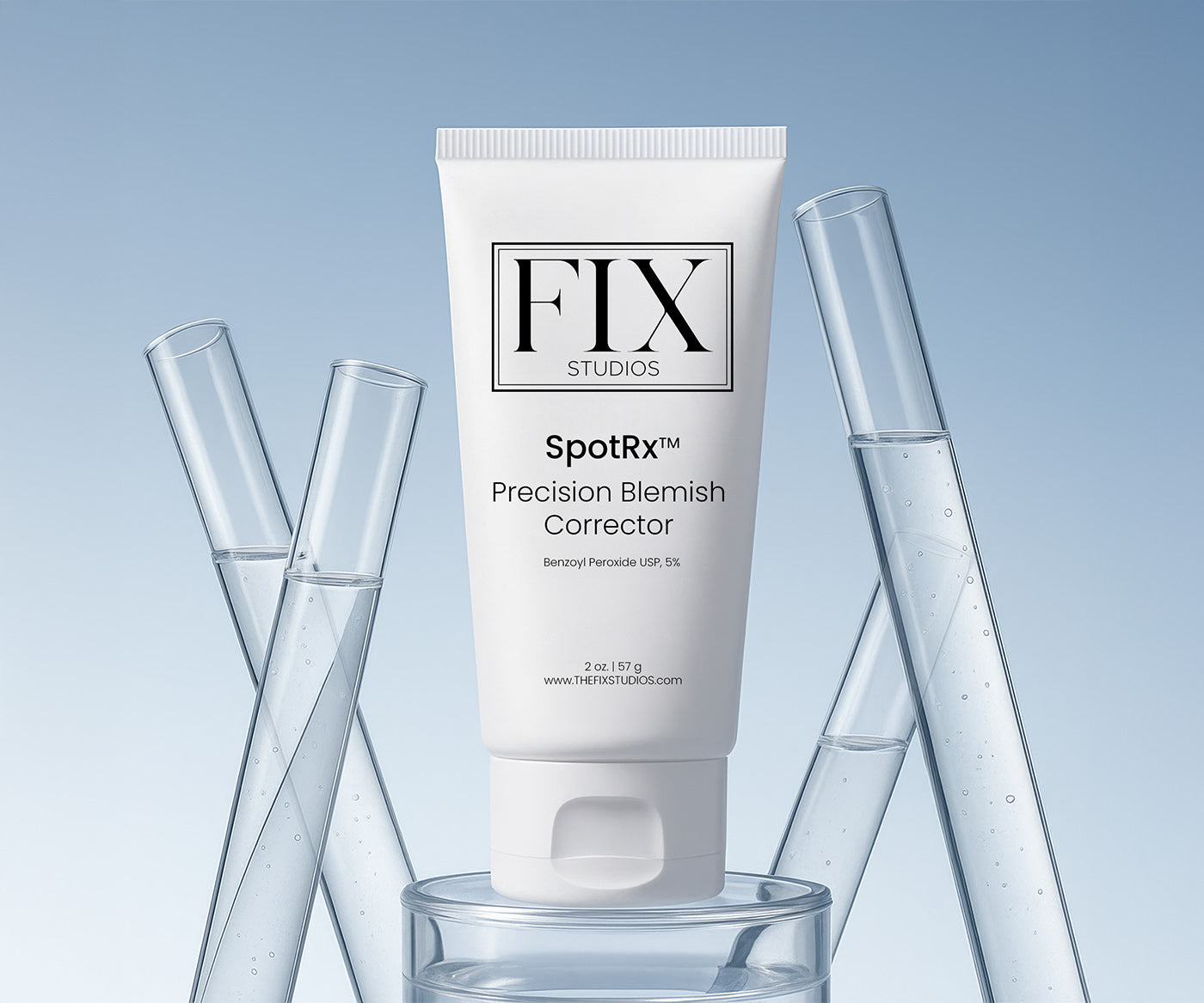 Fix Studios medical-grade SpotRx Precision Blemish Corrector Benzoyl Peroxide fast-acting acne spot treatment pictured with clinical laboratory test tubes
