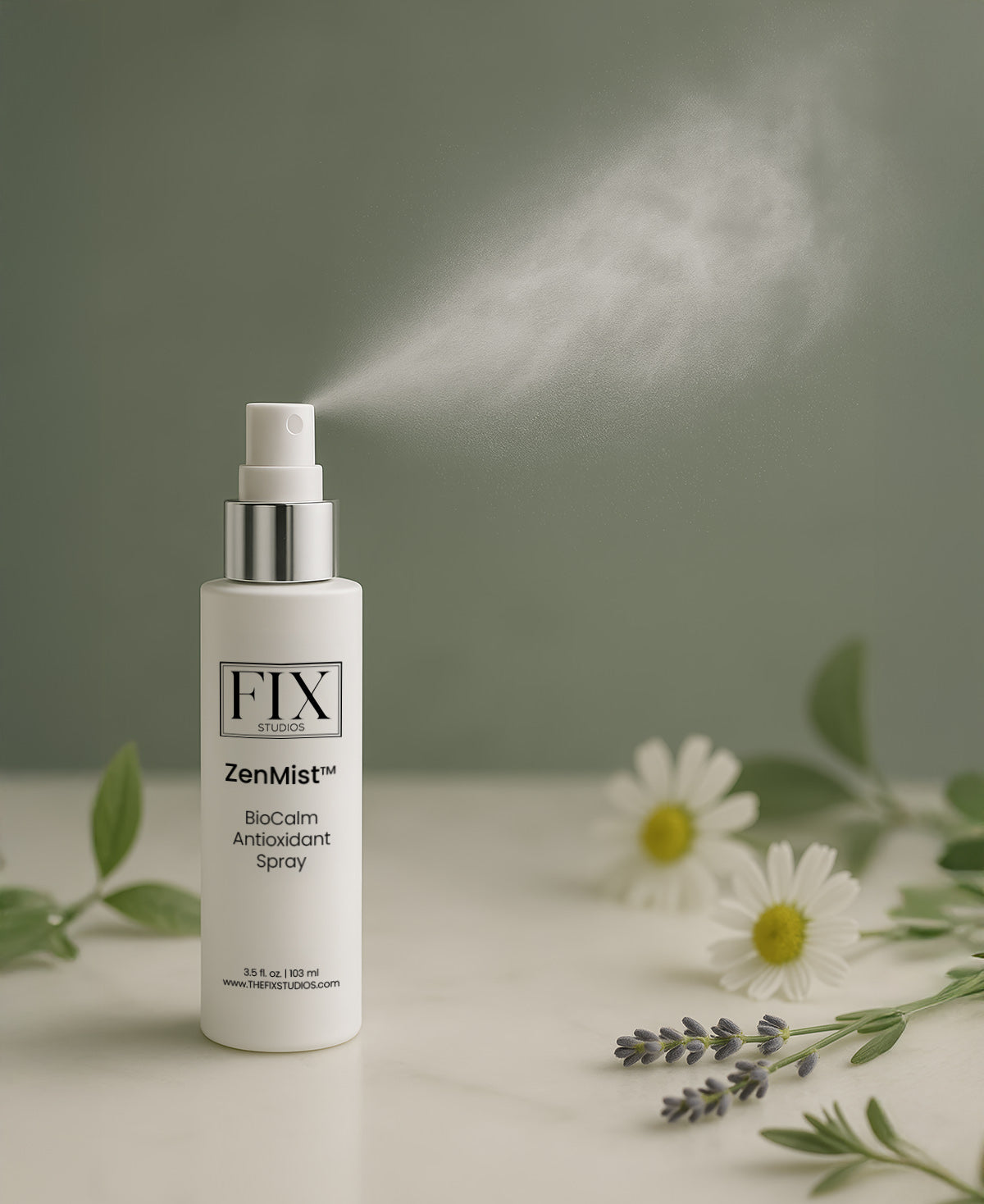 Fix Studios ZenMist™ BioCalm Antioxidant Spray pictured with calming botanicals that are included in its ingredients such as green tea, lavender, and chamomile.
