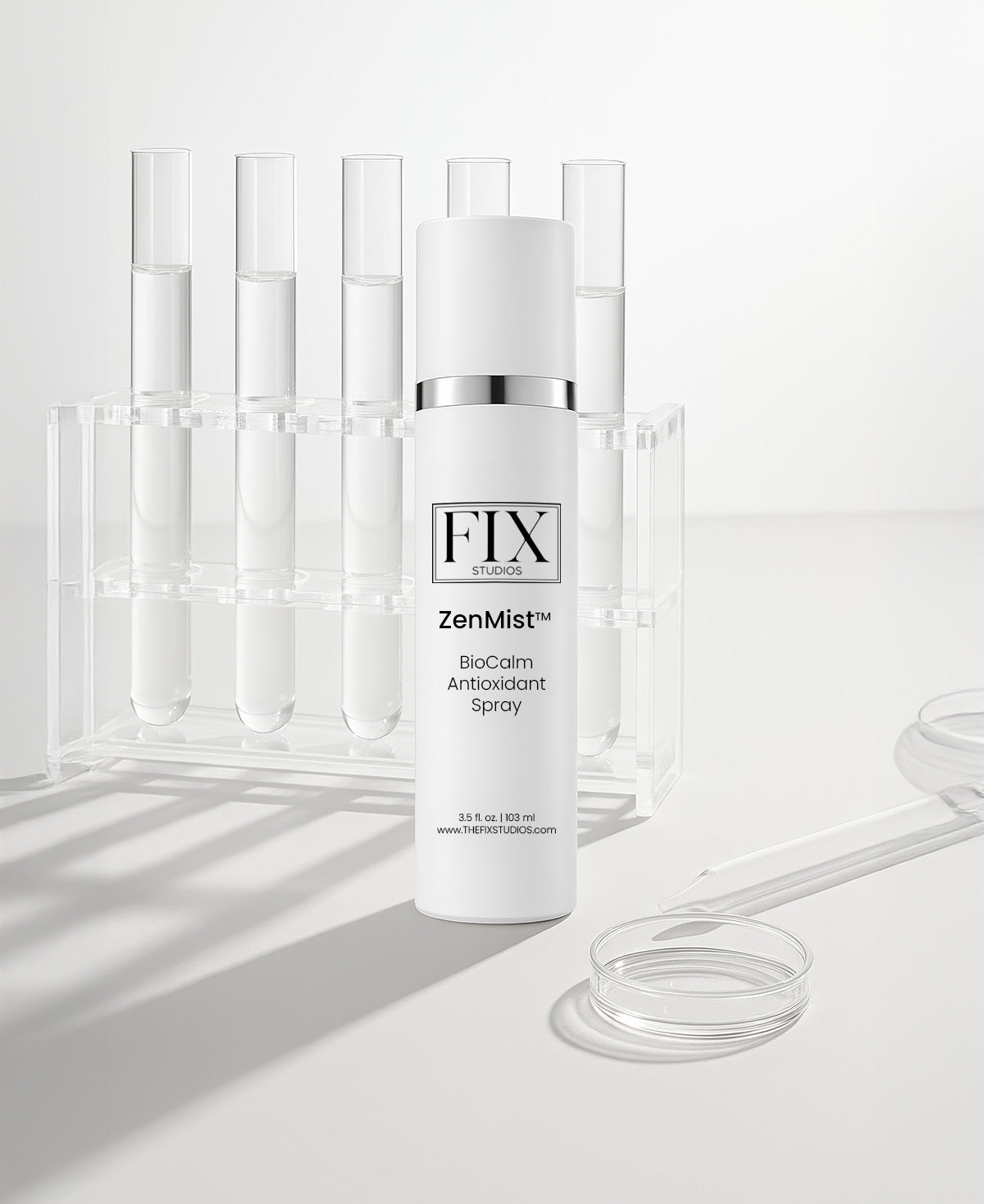 Fix Studios ZenMist™ BioCalm Antioxidant Spray pictured with test tubes in a clean background