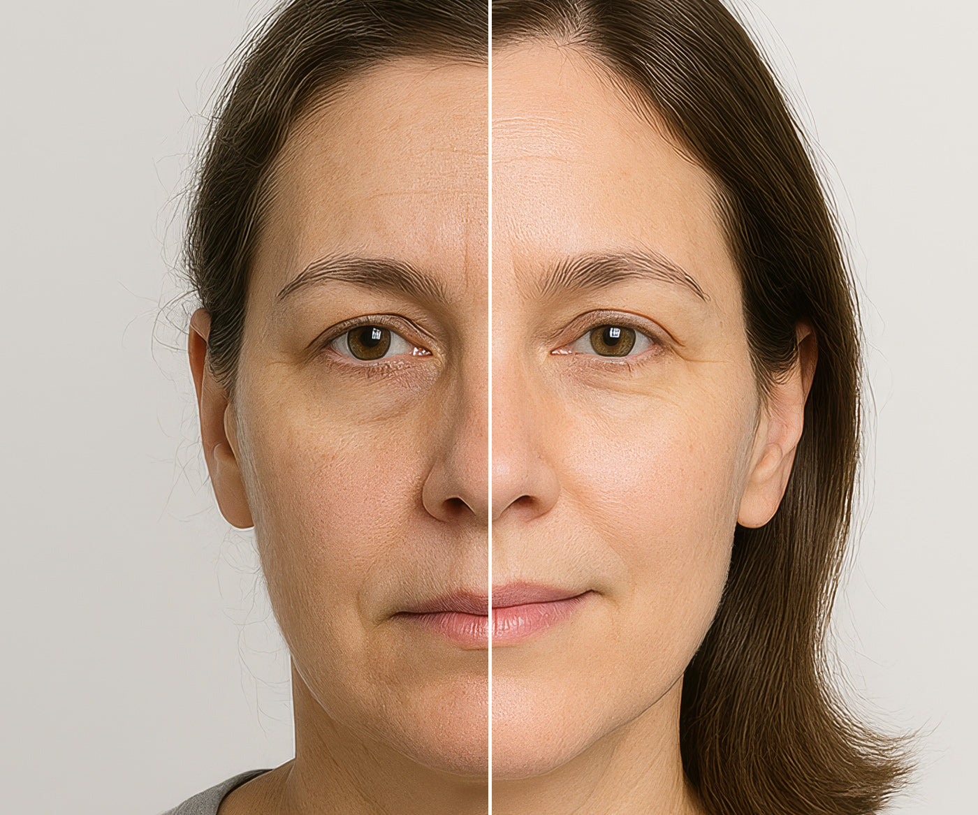 A before and after photo of a patient that used Fix Studios Medical-grade C+Glow™ Radiant Defense Pads showing dull, tired skin in the before and brightened, glowing skin in the after