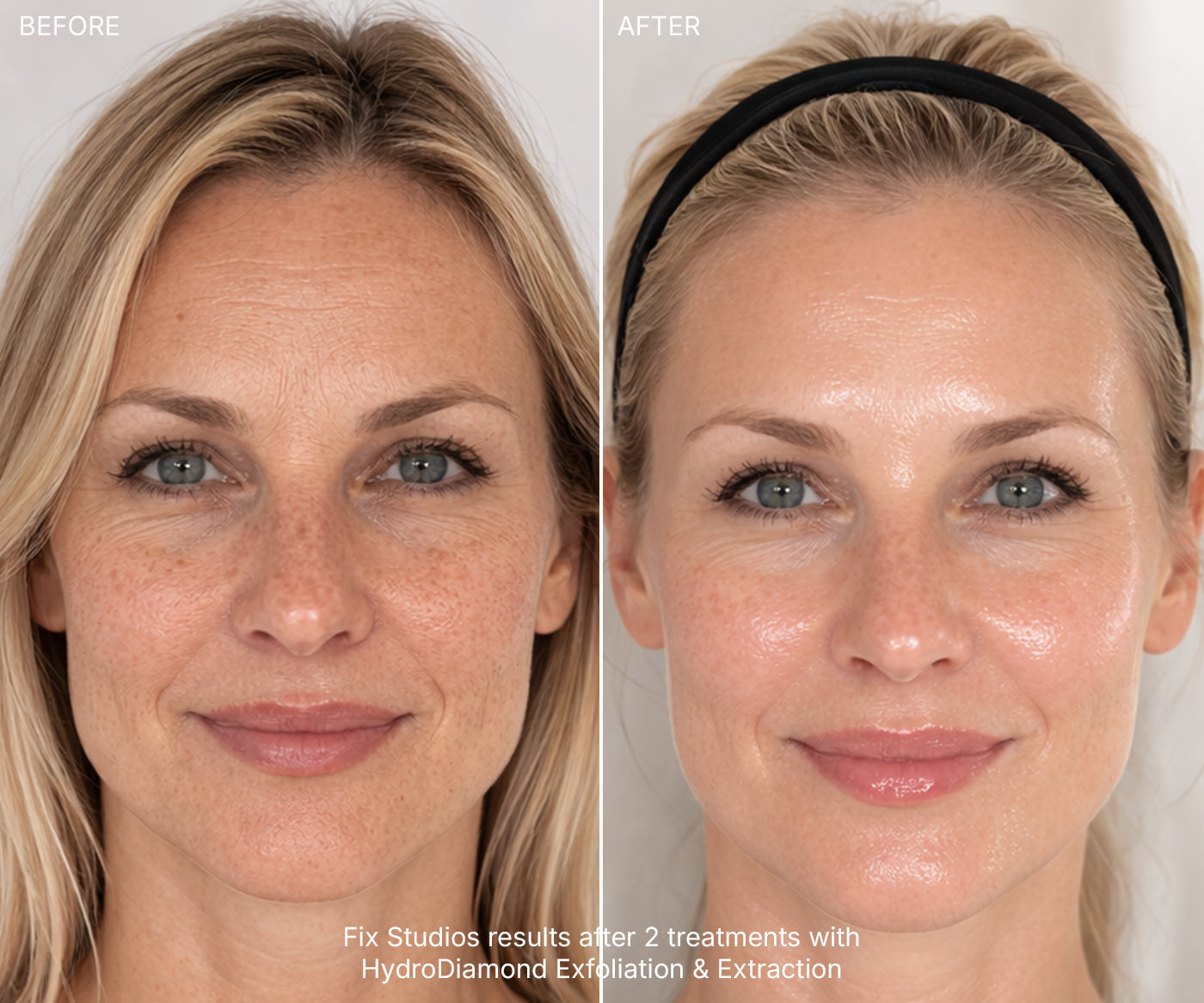 Before and after image of a women that received facial treatments at Fix Studios Cincinnati Mason OH