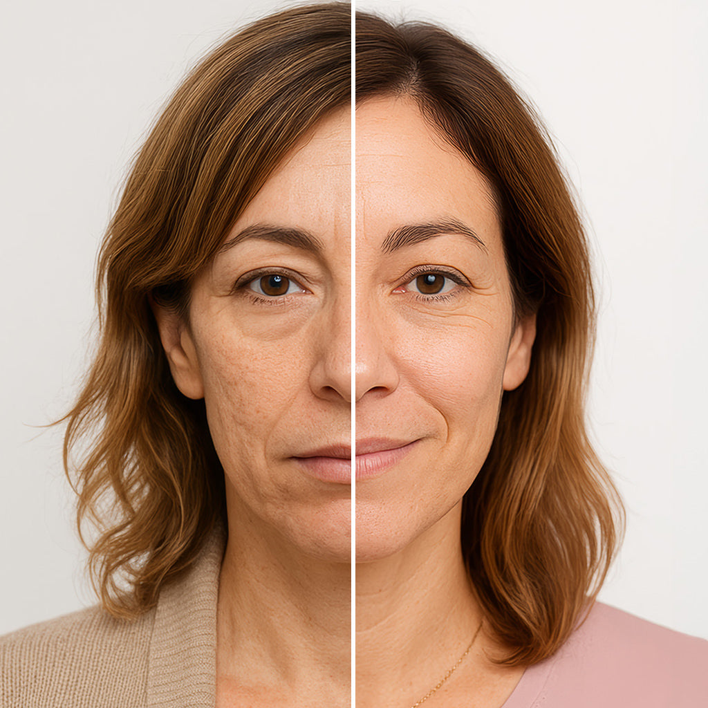 A before and after of a woman who received facial skin rejuvenation treatments at Fix Studios medspa in Cincinnati Mason OH