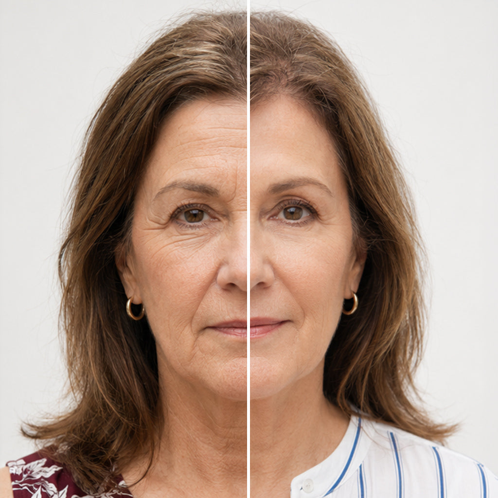 A before and after image of a woman who received medspa facial skin rejuvenation treatments at Fix Studios medspa in Cincinnati Mason OH