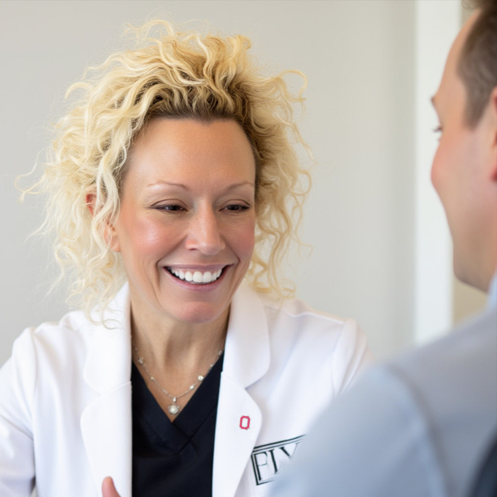 Elizabeth Matre DNP, CNP (aka Dr. Beth Matre) consults a patient for Hair Restoration Treatment services fix studios cincinnati mason OH