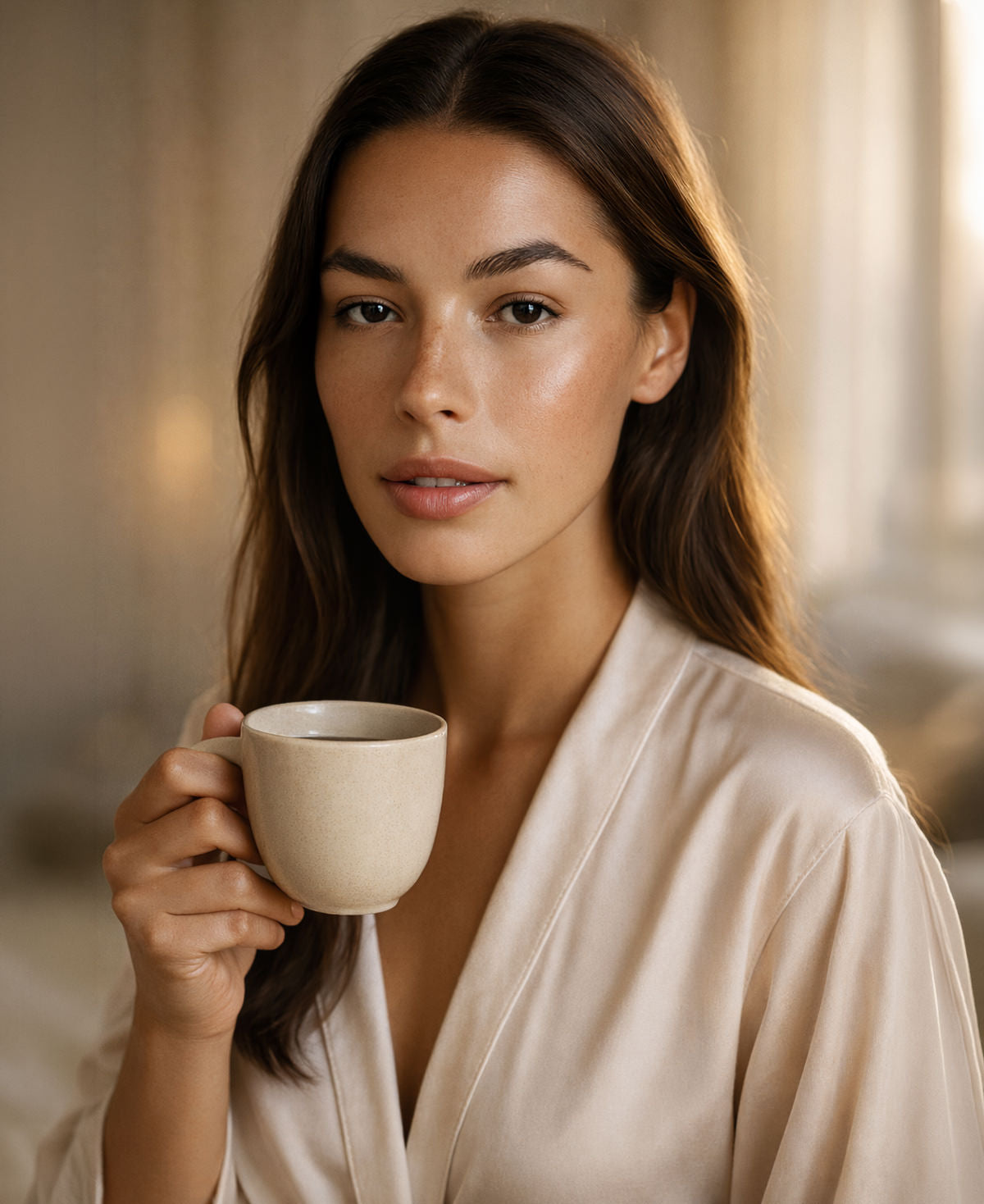 A beautiful woman enjoys her coffee in the morning before applying Fix Studios medical-grade Glissen™ Mineral Radiance SPF 50