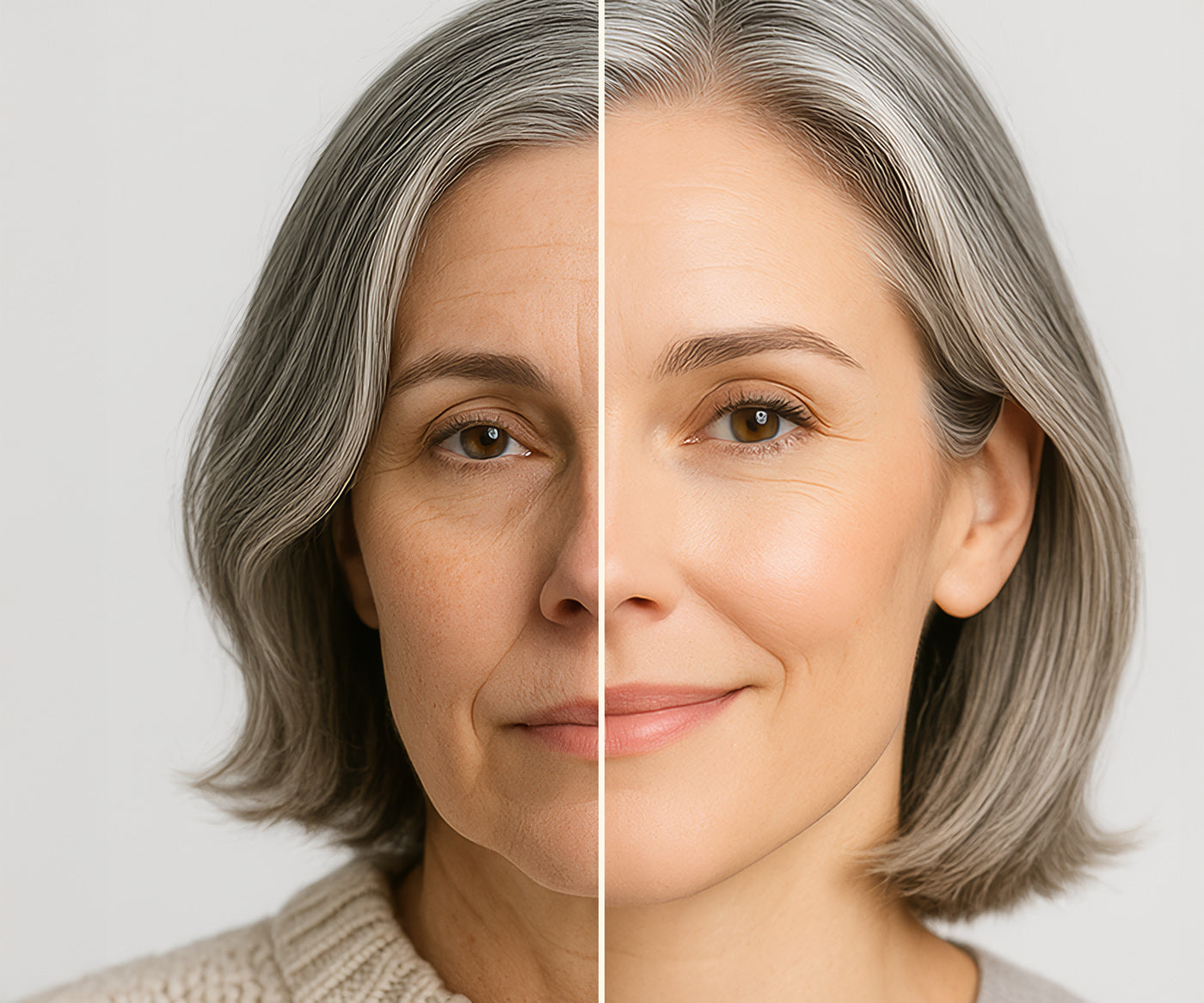 A before an after photo of a woman in her 50's who used Fix Studios medicalgrade HydraLume™ Lipid Enriched Hydration Cream, clearly showing revived and moistened skin after using