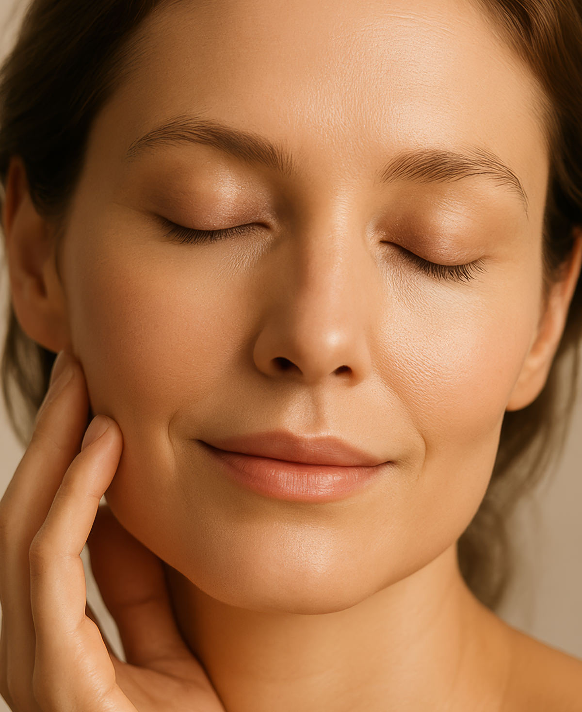Close up of a woman's face, highlighting her radiant, smooth skin as she touches her cheek after using Fix Studios medicalgrade HydraLume™ Lipid Enriched Hydration Cream