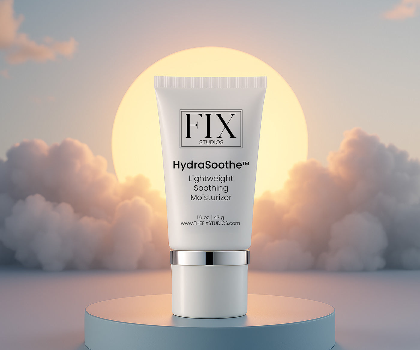 Fix Studios medical-grade HydraSoothe™ Lightweight Soothing Moisturizer is pictured in front of clouds and a soft glowing sun