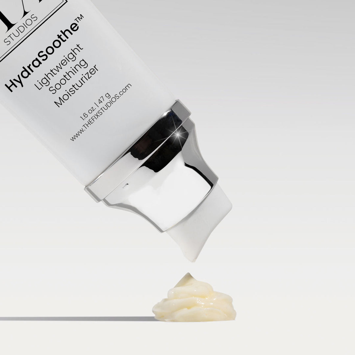 HydraSoothe™ Lightweight Soothing Moisturizer product dispensing. Medical-grade skincare from Fix Studios