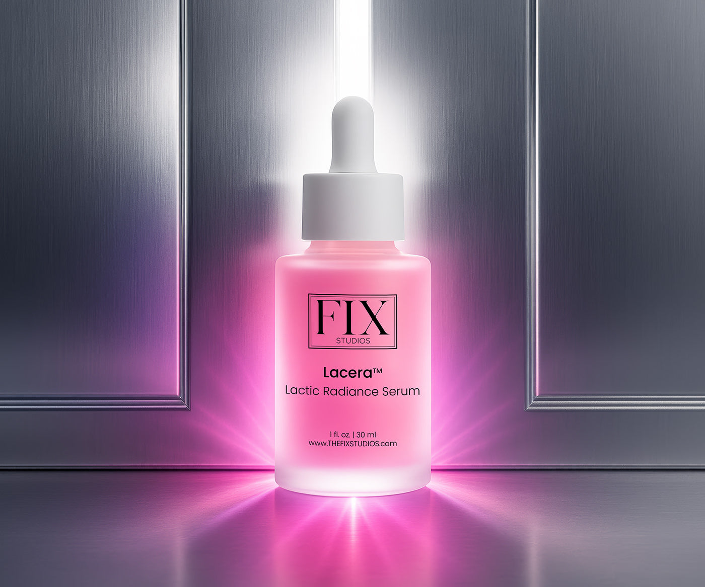 A bottle of Fix Studios medical-grade Lacera™ Lactic Radiance Serum glows as light pours through it from a silver doorway opening