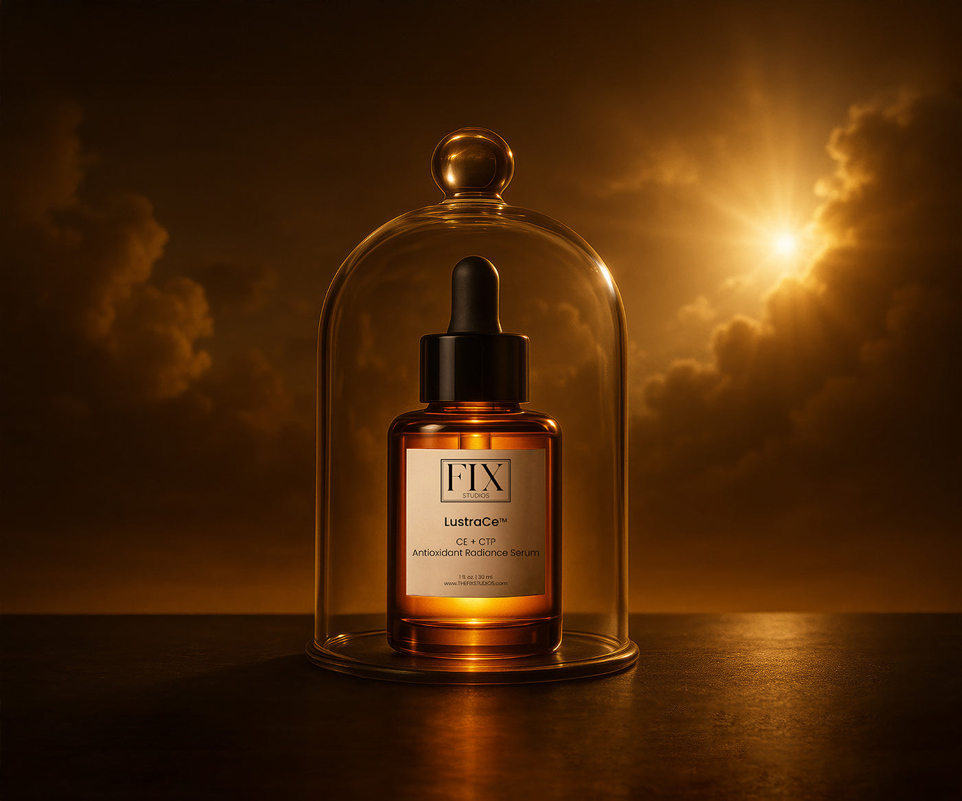 A bottle of  Fix Studios medical-grade LustraCe CE+CTP Antioxidant Radiance Serum packed with 20% vitamin C inside a glass dome to protect from free radicals and polution
