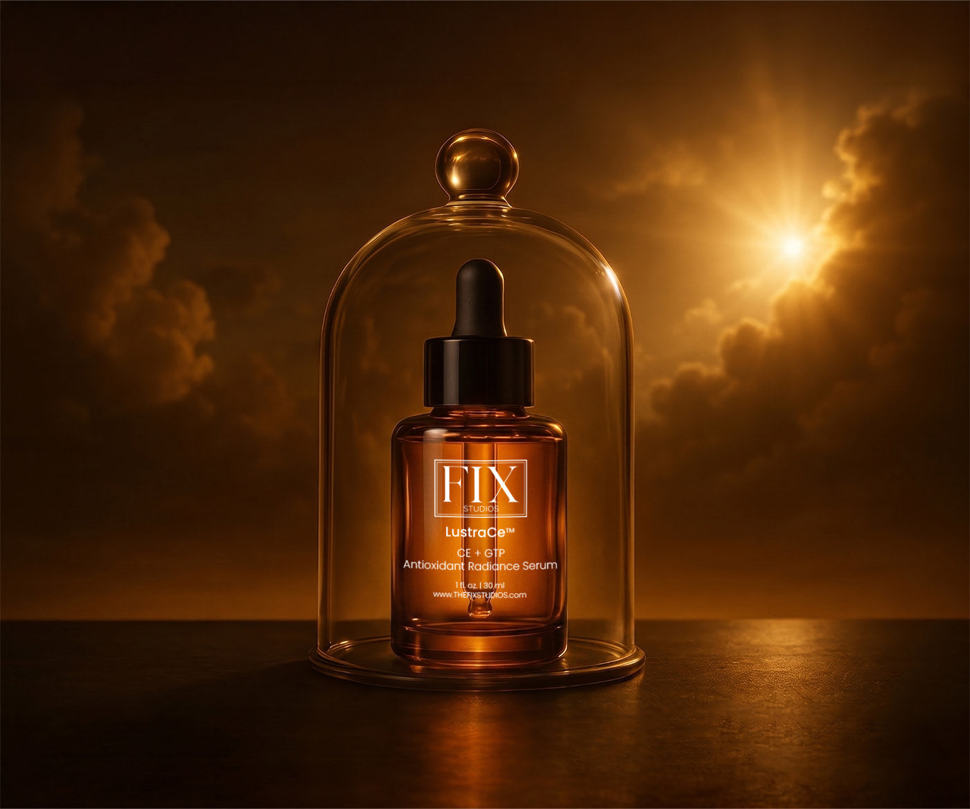 A bottle of  Fix Studios medical-grade LustraCe CE+CTP Antioxidant Radiance Serum packed with 20% vitamin C inside a glass dome to protect from free radicals and pollution