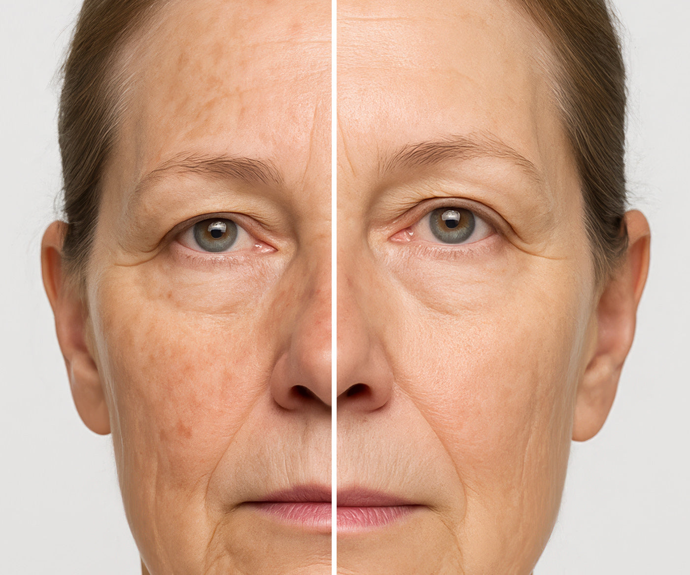 A before and after image of a woman who used Fix Studios medical-grade LustraCe CE+CTP Antioxidant Radiance Serum packed with 20% vitamin C