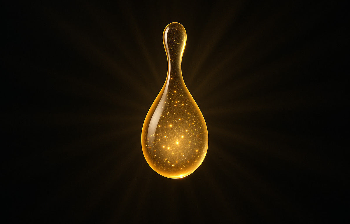 A droplet of  Fix Studios medical-grade LustraCe CE+CTP Antioxidant Radiance Serum packed with 20% vitamin C is highlighted with light rays