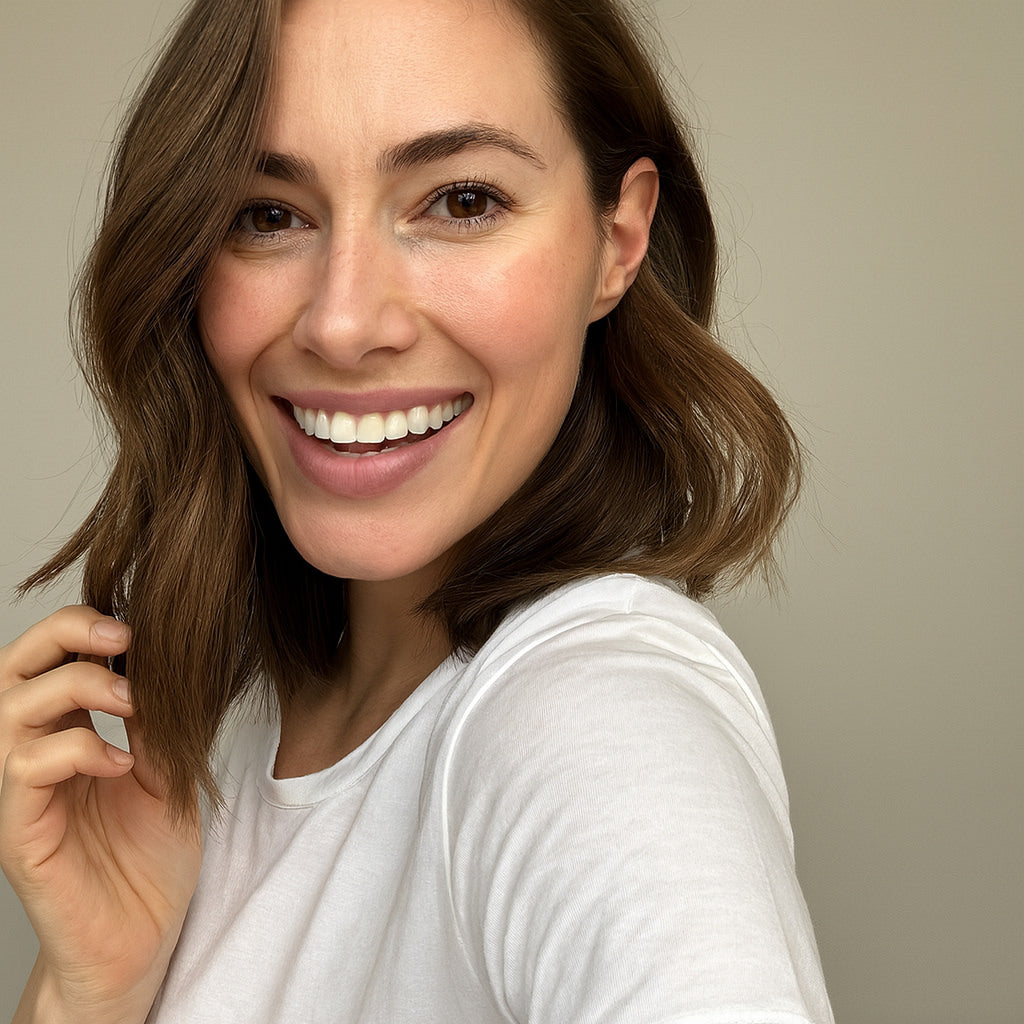 Megan, a woman with brown hair takes a selfie at Fix Studios