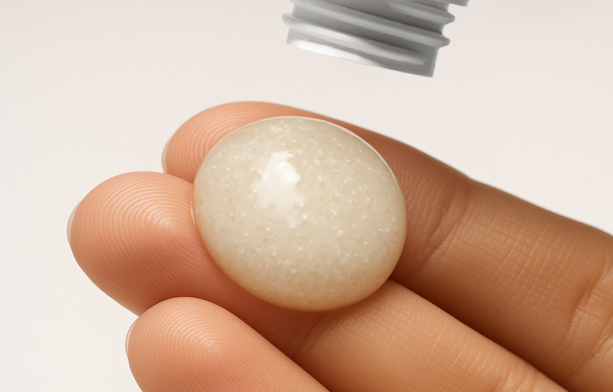 Close up of a woman's fingertips holding a pearl-size dollop of Fix Studios RadiancePolish Medical-Grade AHA/BHA Exfoliating Cleanser Skincare Product with visible microparticles