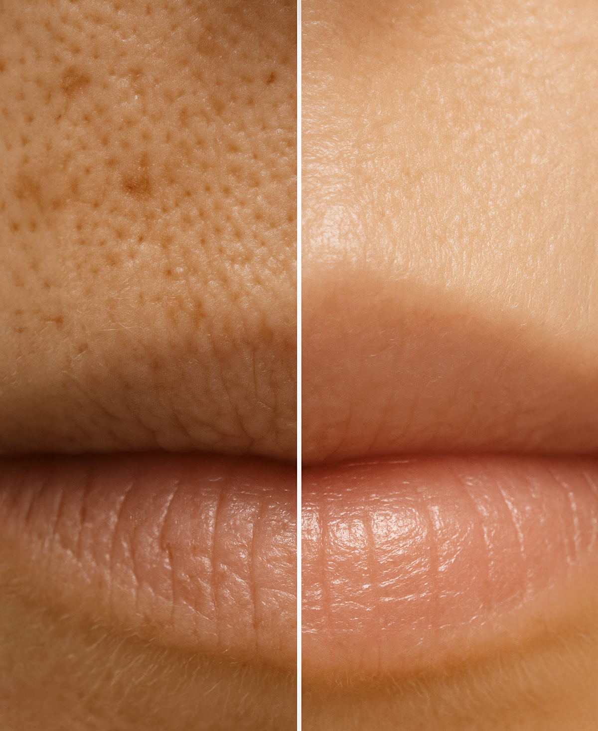 Macro side-by-side comparison of facial skin before and after using Fix Studios RadiancePolish Medical-Grade AHA/BHA exfoliating cleanser