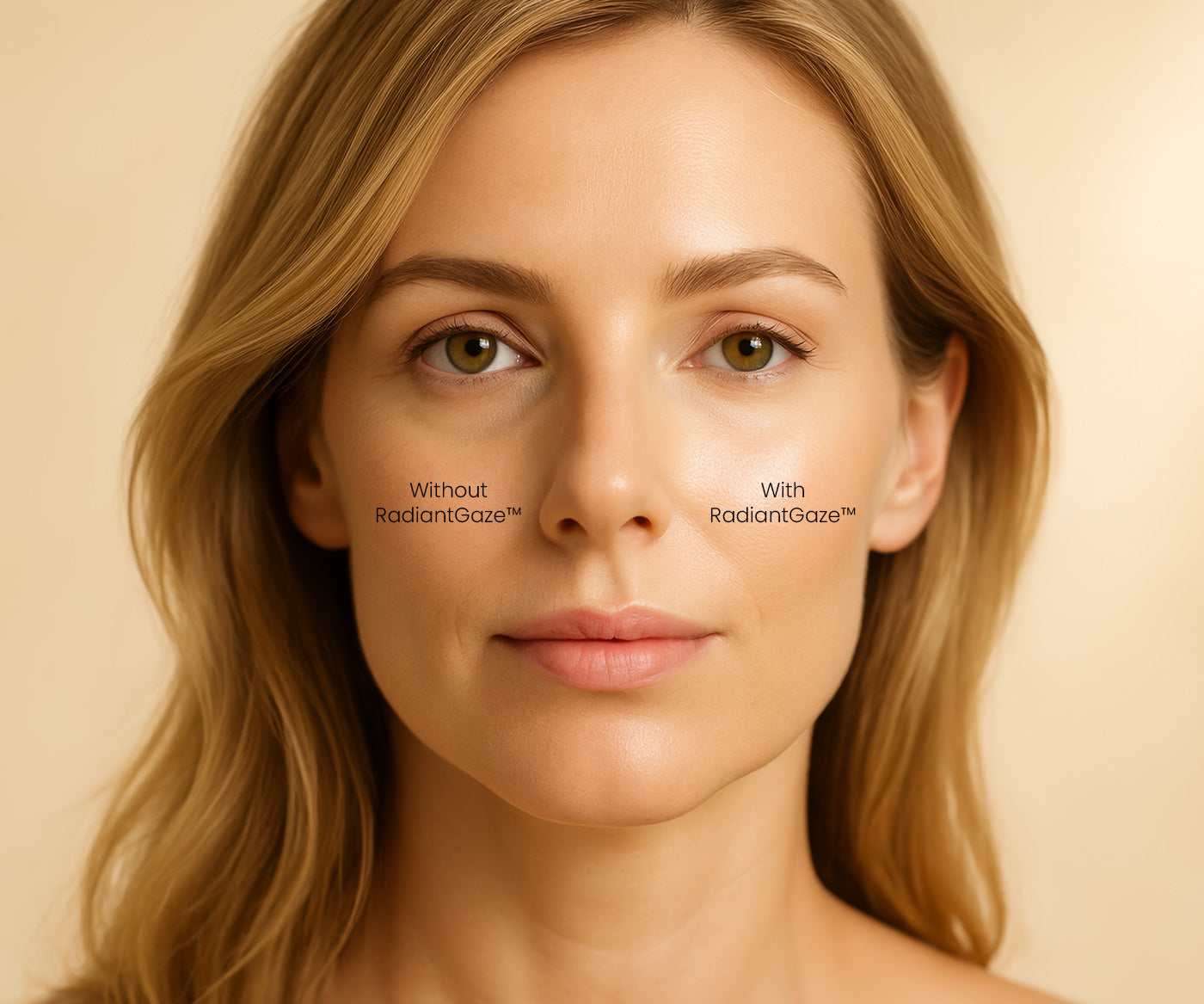 A woman applies Fix Studios medical-grade RadiantGaze™ Brightening Mineral Eye Defense SPF 50+ to one side of her face instantly reducing puffiness and dark circles under her eye