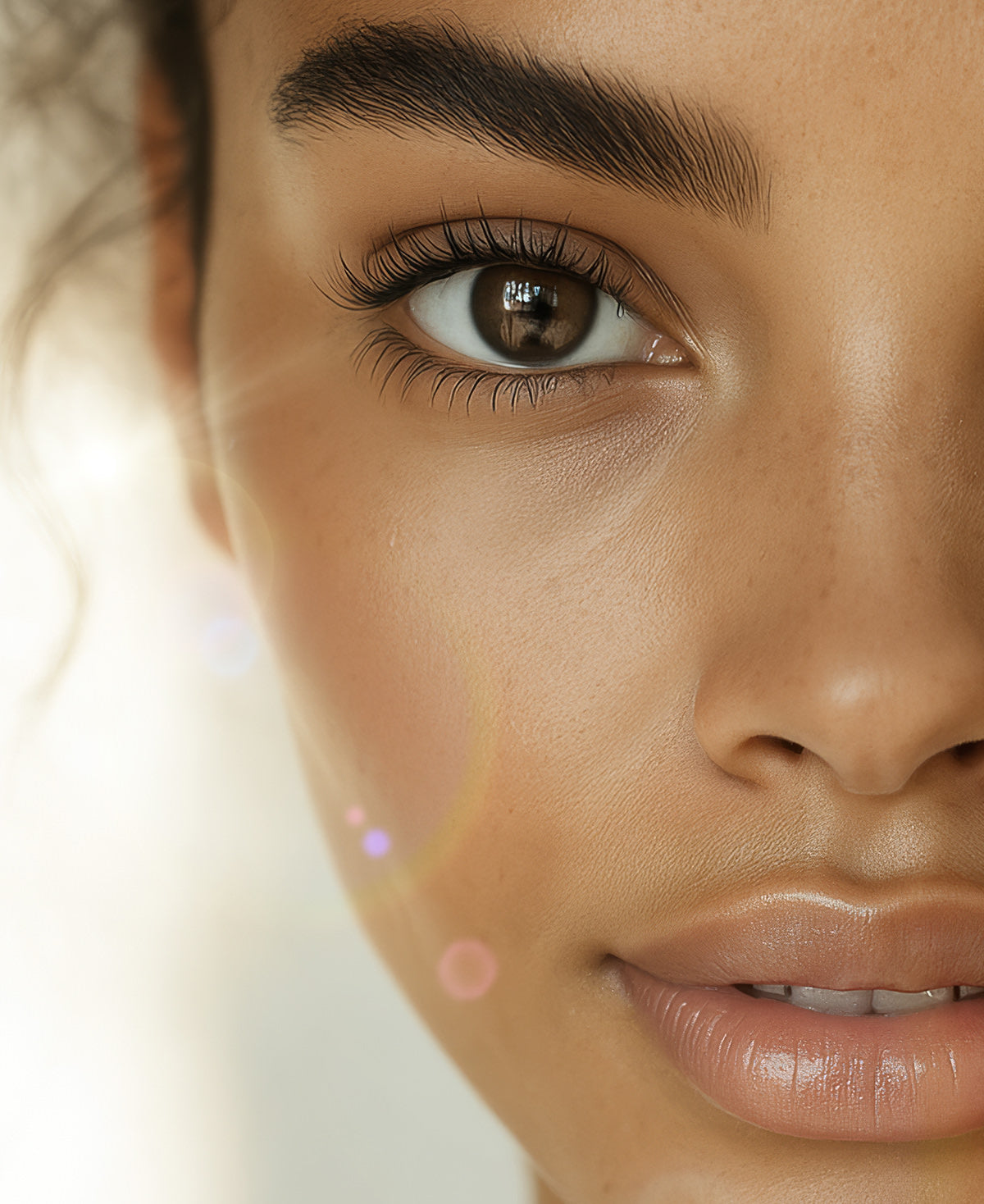 A woman with glowing skin is shielded from the suns rays and pollutants when using Fix Studios medical-grade RadiantGaze™ Brightening Mineral Eye Defense SPF 50+