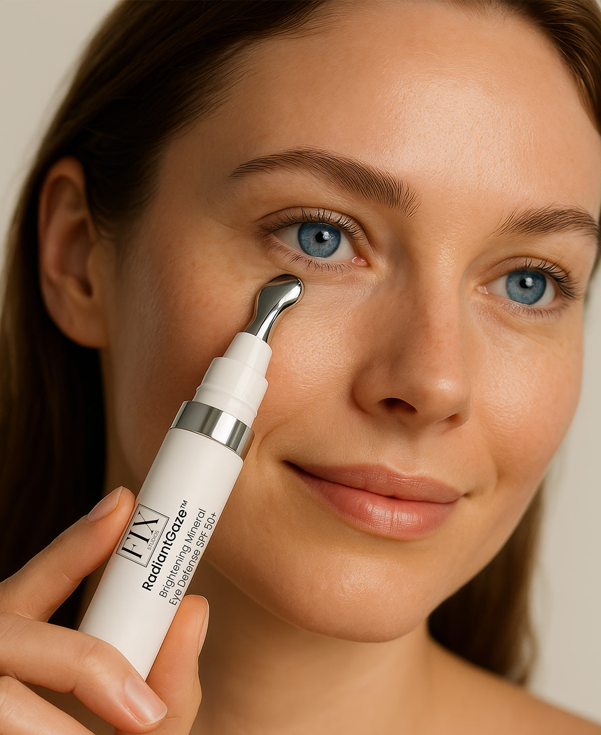 A woman applies Fix Studios medical-grade RadiantGaze™ Brightening Mineral Eye Defense SPF 50+ to her under eyes
